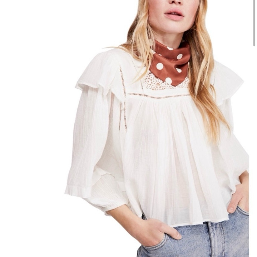 Free People Laura Ruffle Peasant Shirt Sz XS Flowy Boho Western Lace Delicate